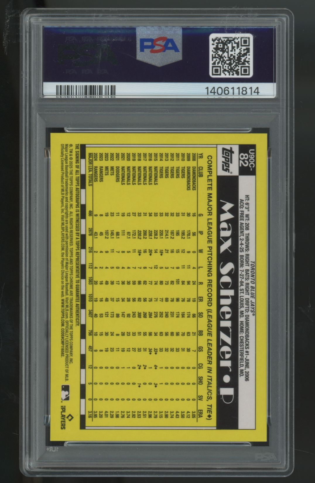 2025 Topps Silver Pack Update Max Scherzer Red Auto /5 #U90C-82 PSA 10 10