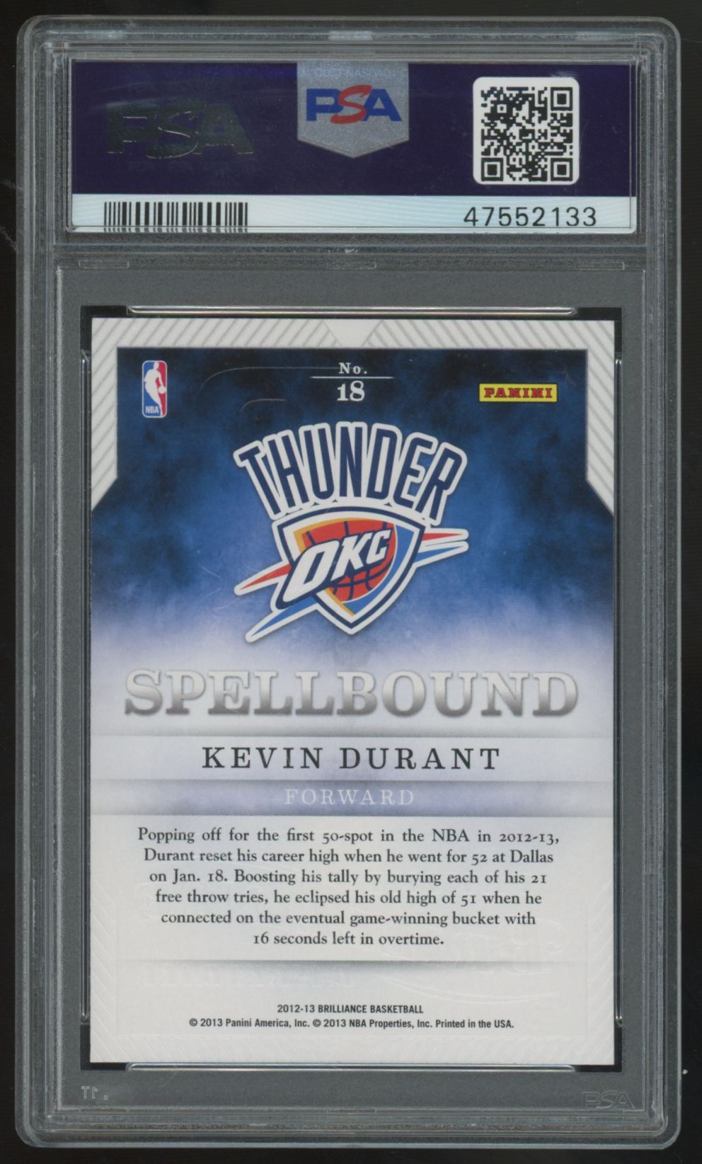 2012-13 Panini Brilliance Kevin Durant Spellbound #18 PSA 10