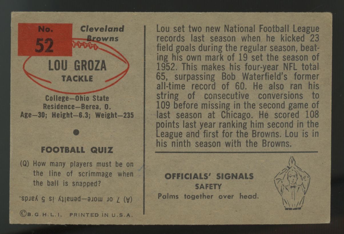 1954 Bowman Lou Groza #52 VG-EX "B"
