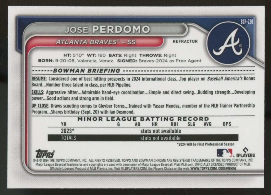 2024 Bowman Chrome Jose Perdomo 1st Refractor 222/499 #BCP-220