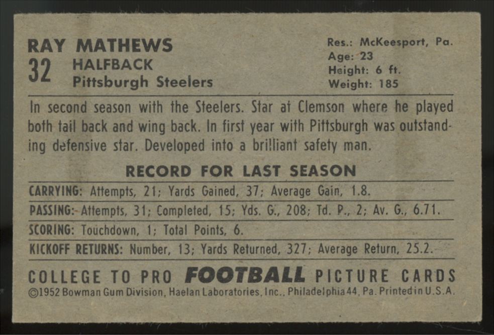 1952 Bowman Small Ray Mathews #32 VG-VG/EX