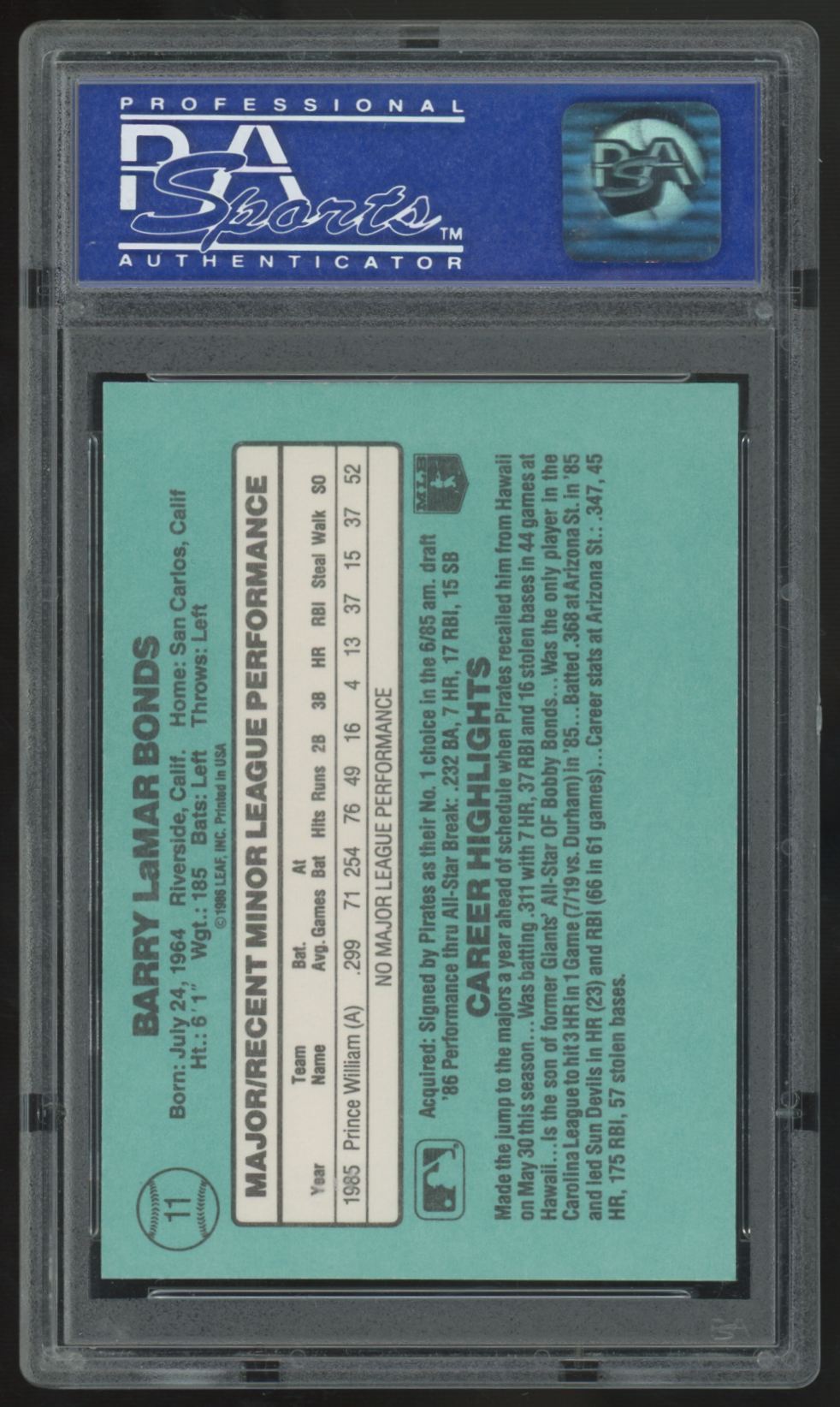 1986 Donruss Rookie Barry Bonds RC #11 PSA 8 *091