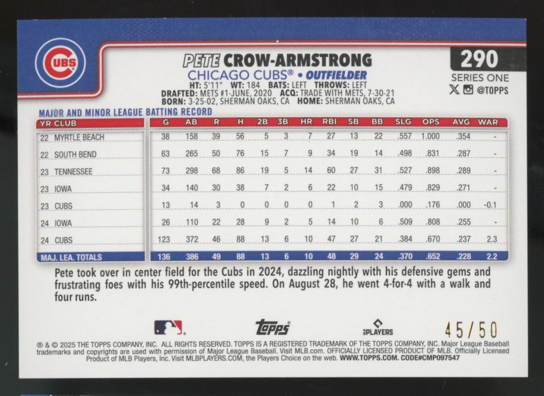2025 Topps Series One Pete Crow-Armstrong Flowers Future Stars /50 #290