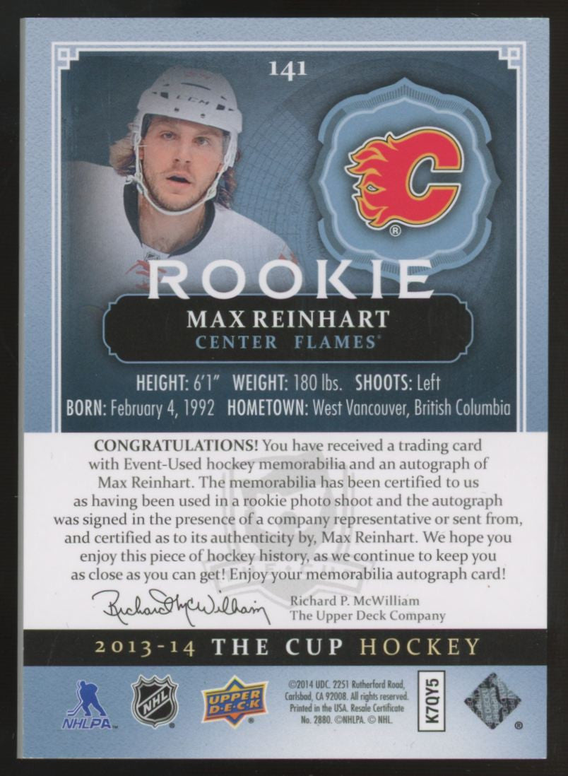 2013-14 Upper Deck The Cup Max Reinhart RC Patch Auto RPA /249 #141