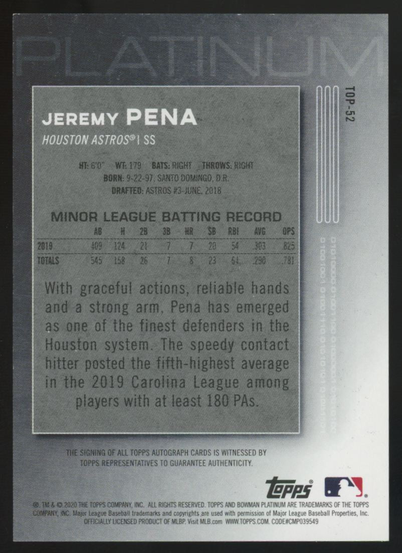 2020 Bowman Platinum Jeremy Pena Prospect Auto #TOP-52