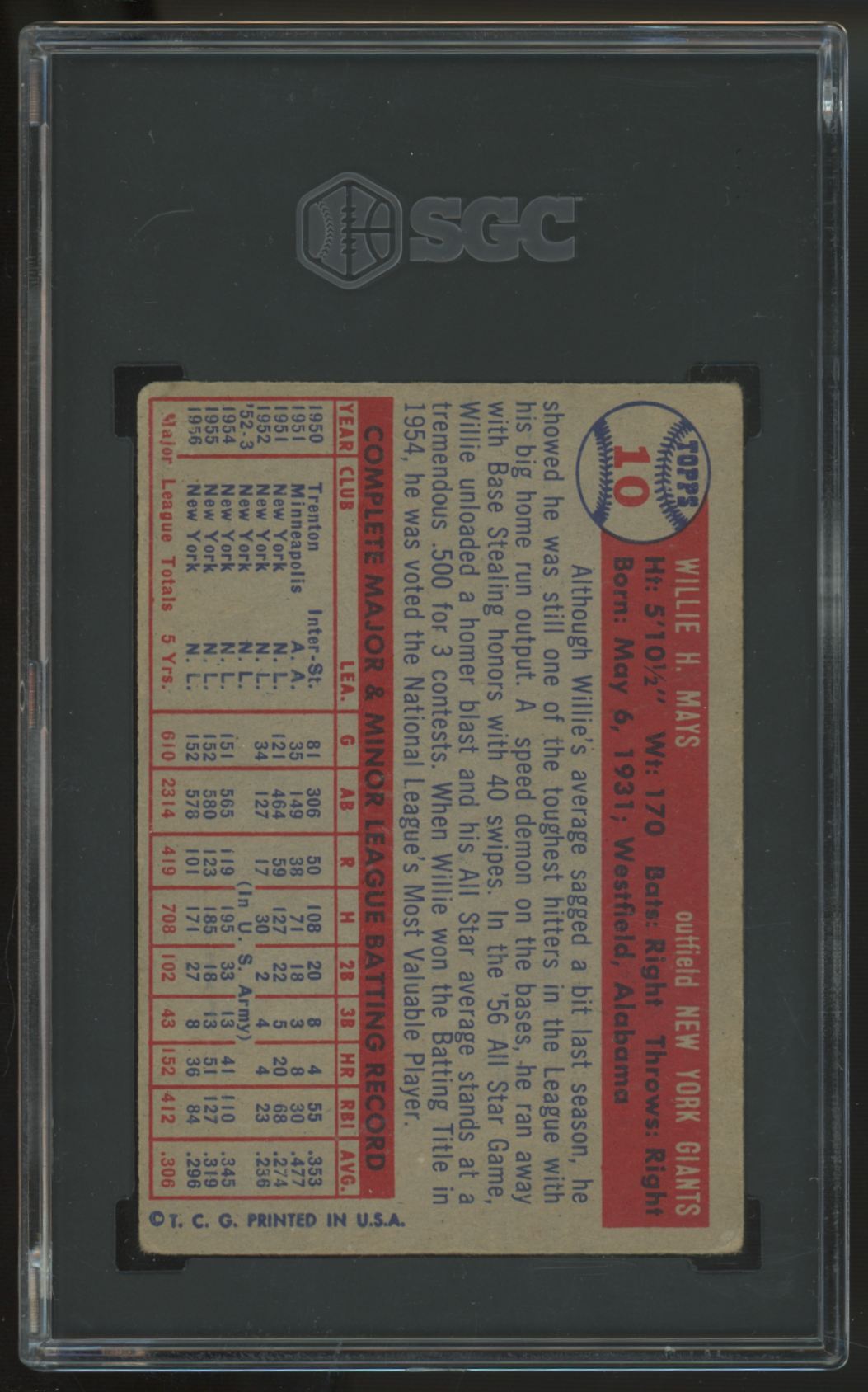 1957 Topps Willie Mays #10 SGC 2 *884