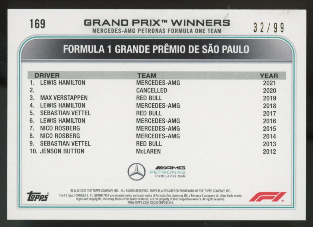 2022 Topps F1 Lewis Hamilton Grand Prix Winner Blue /99 #169