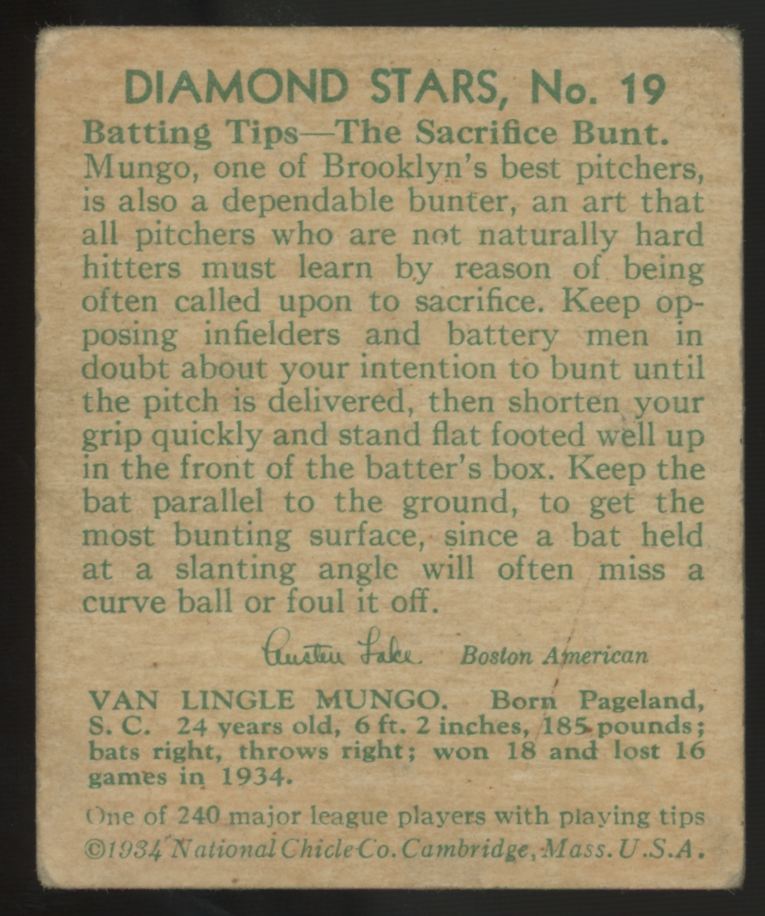 1934 National Chicle Van Mungo Diamond Stars #19 Good