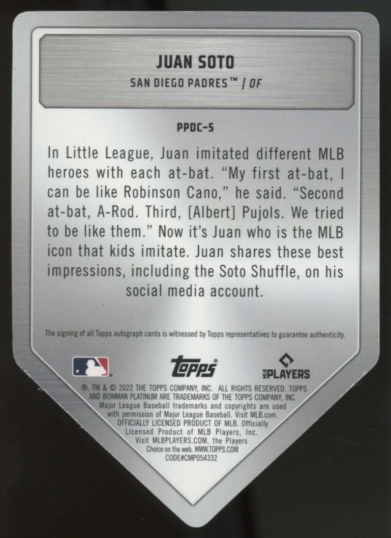 2022 Bowman Platinum Juan Soto Platinum Plating Die-Cut Auto /99 #PPDC-5