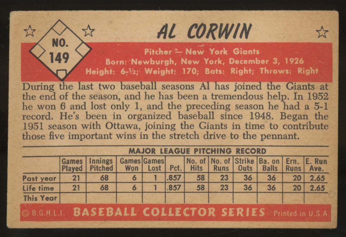 1953 Bowman Al Corwin #149 VG