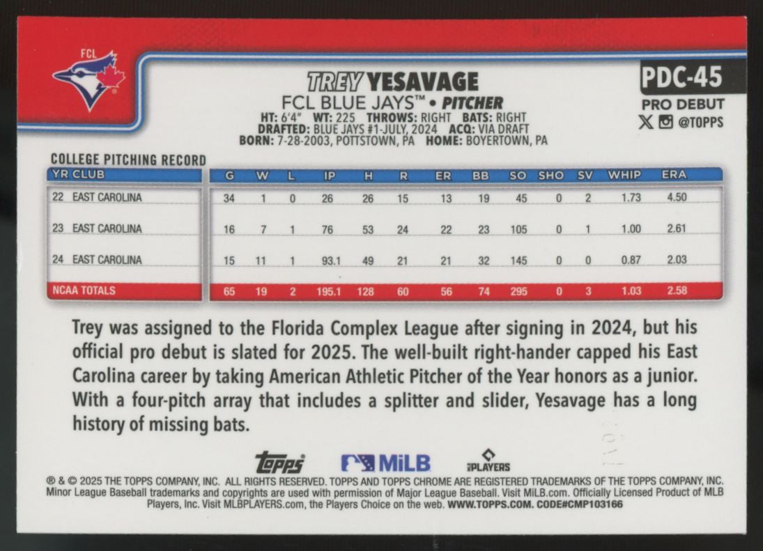 2025 Topps Chrome Pro Debut Trey Yesavage Blue Refractor /150 #PDC-45