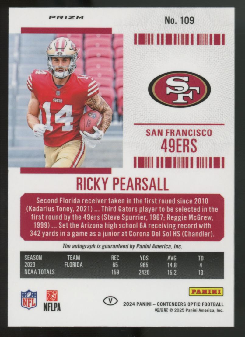 2024 Panini Contenders Optic Ricky Pearsall RC Ticket Auto #109