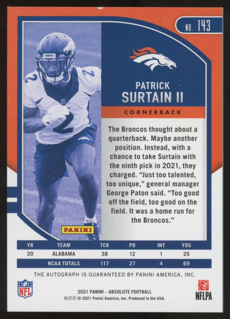 2021 Absolute Patrick Surtain II RC Auto Silver /199 #143