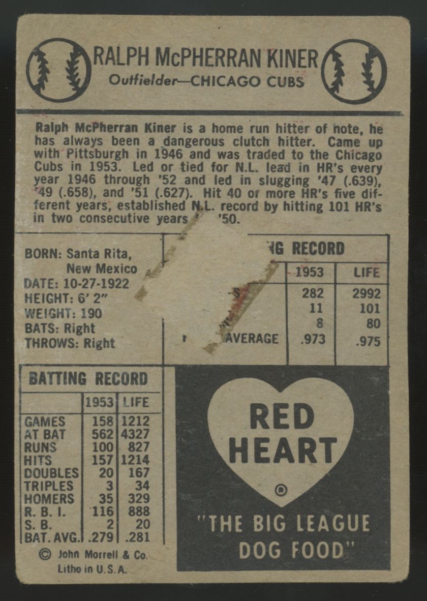 1954 Red Heart Ralph Kiner Poor (Paper Loss)