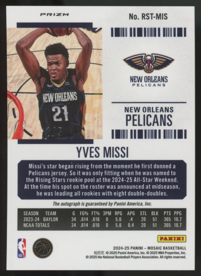 2024-25 Panini Mosaic Yves Missi RC Spectris Green Season Ticket Auto /5