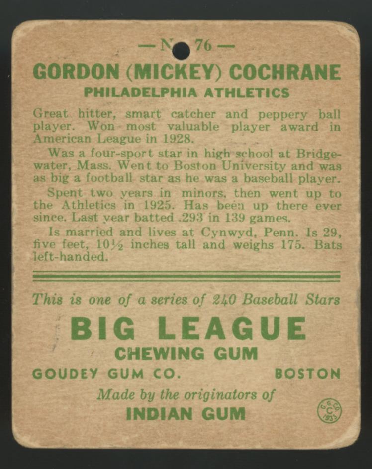 1933 Goudey Gordon "Mickey" Cochrane #76 Poor (Pinhole)