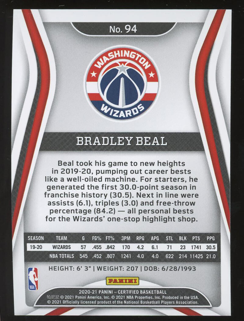 2020-21 Panini Certified Mirror Gold #94 Bradley Beal #04/10 Washington Wizards