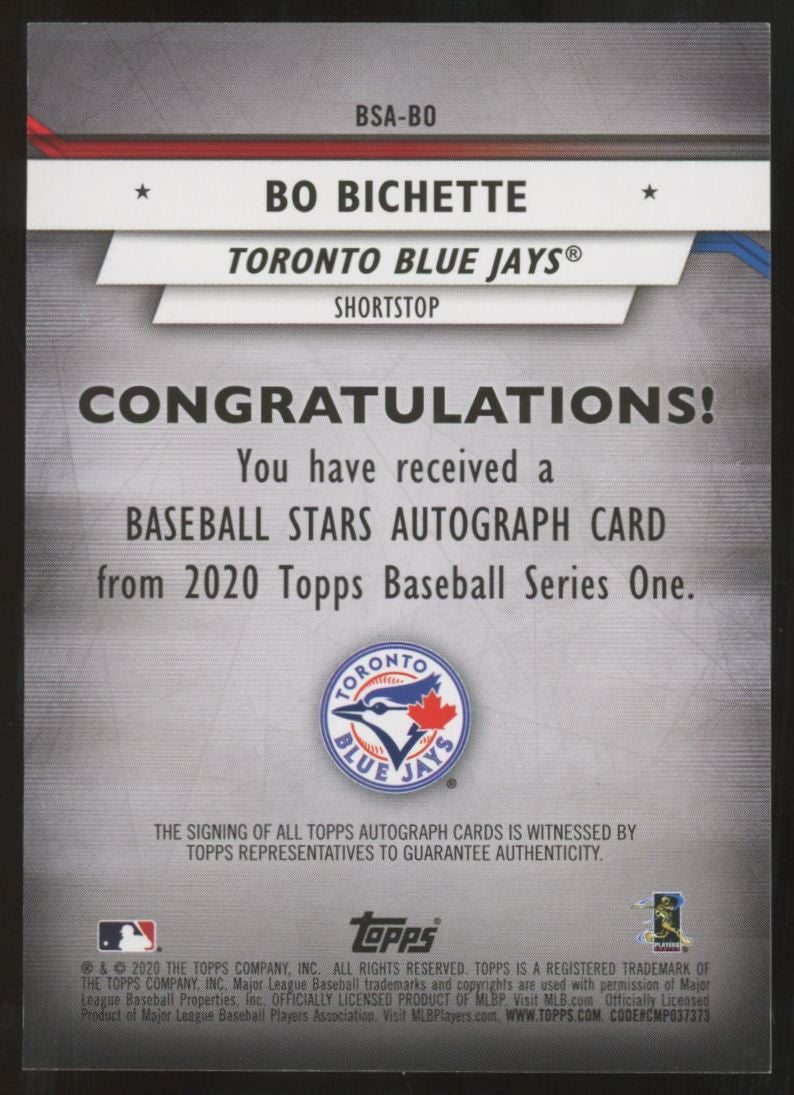 2020 Topps Baseball Series One Bo Bichette RC Stars Auto #BSA-BO