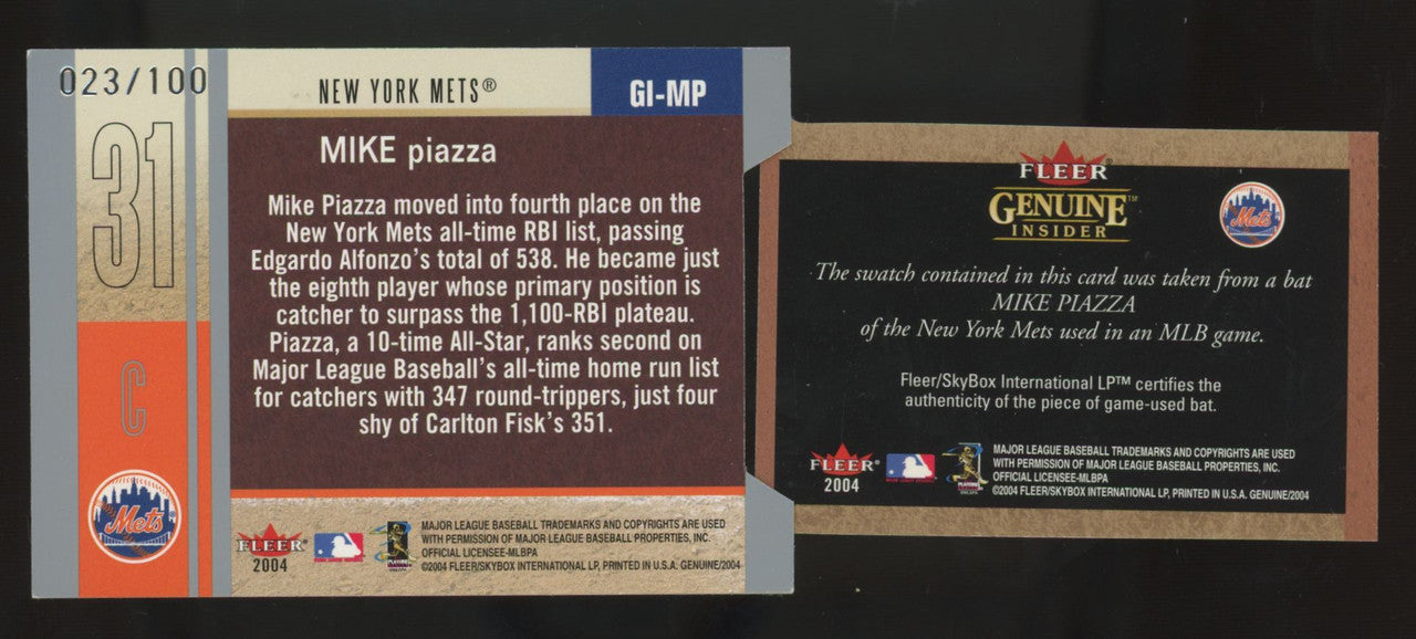 2004 Fleer Genuine Insider Mike Piazza Article Bat Patch /100 #GI-MP