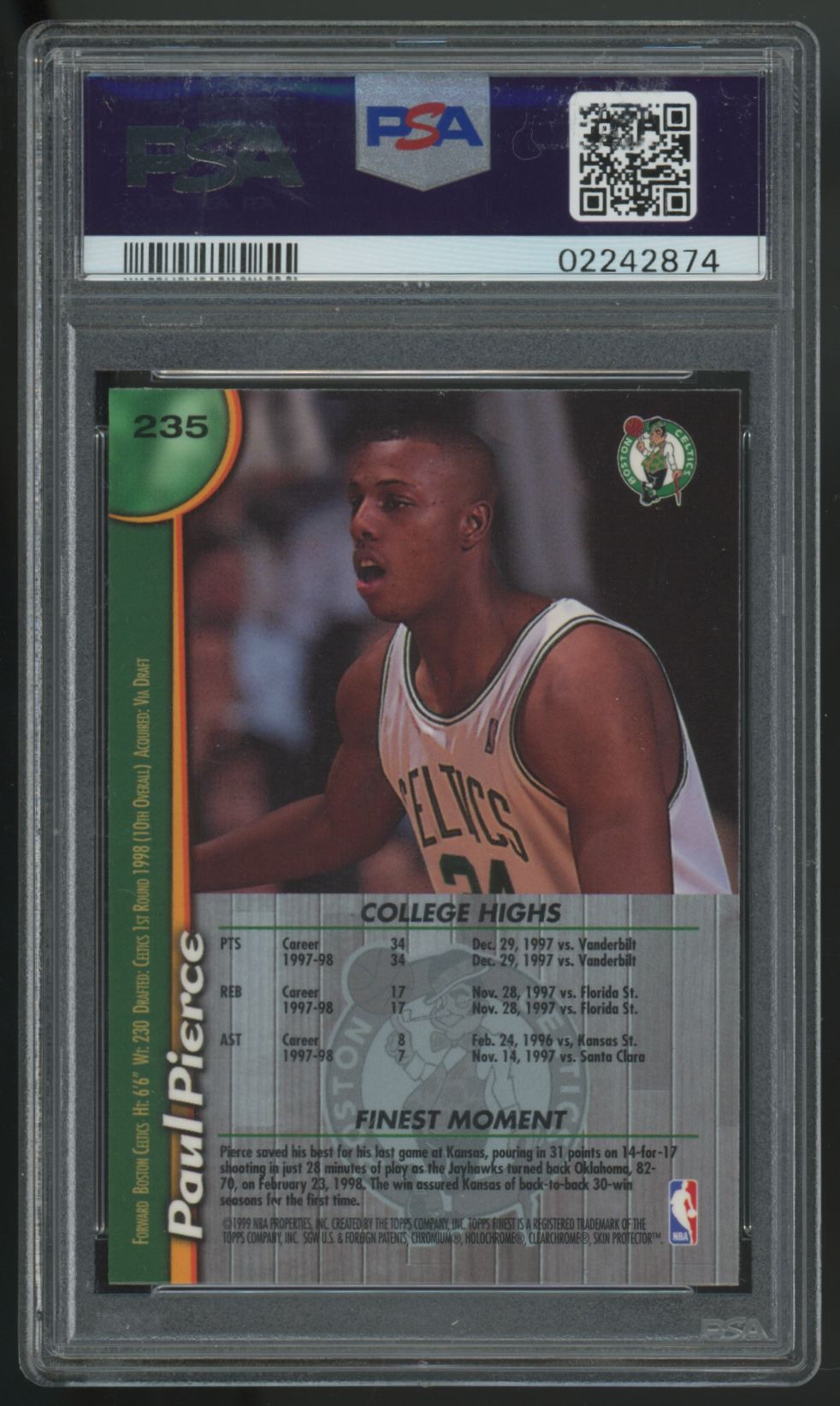 1998-99 Topps Finest Paul Pierce RC W/Coating #235 PSA 10