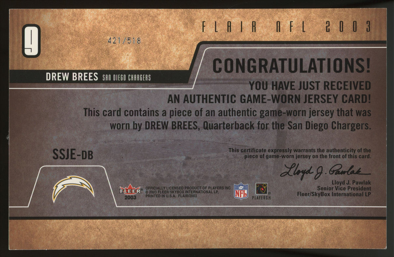 2003 Fleer/Upper Deck Drew Brees Oversized/Game-Worn Patch Lot of 2