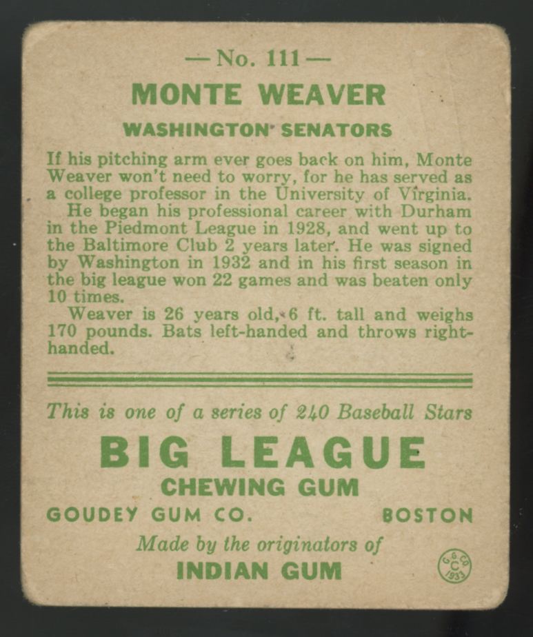 1933 Goudey Monte Weaver Big League Gum #111 F/G