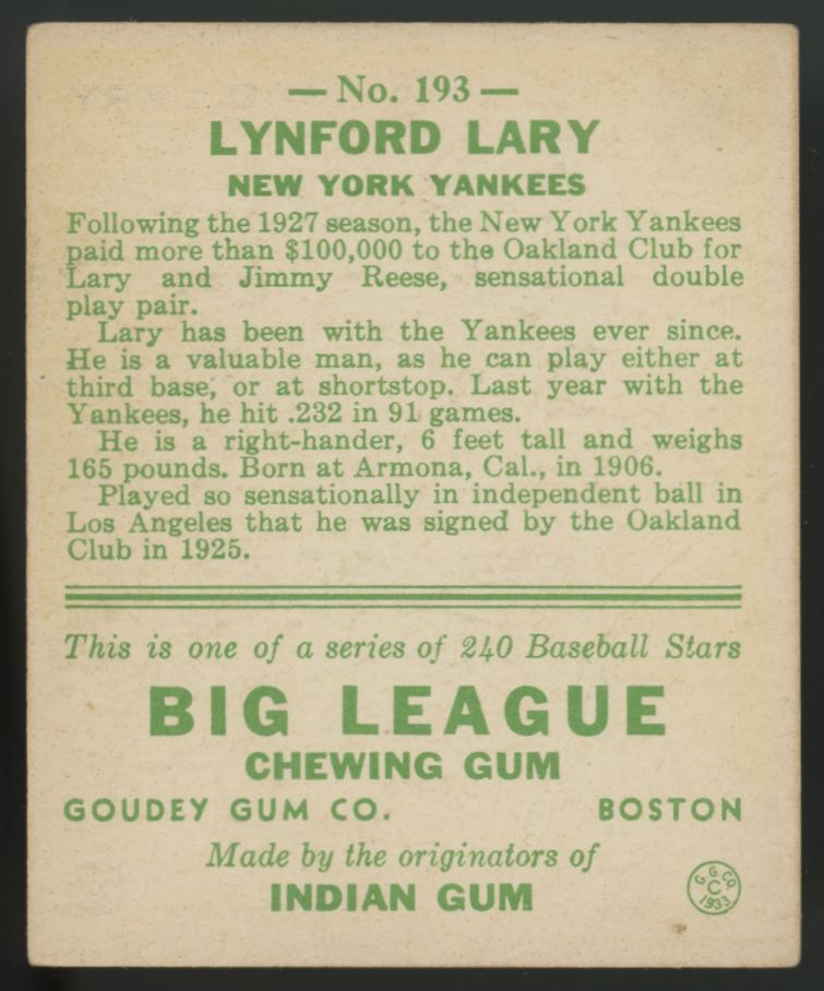 1933 Goudey Lynford Lary #193 VG-EX