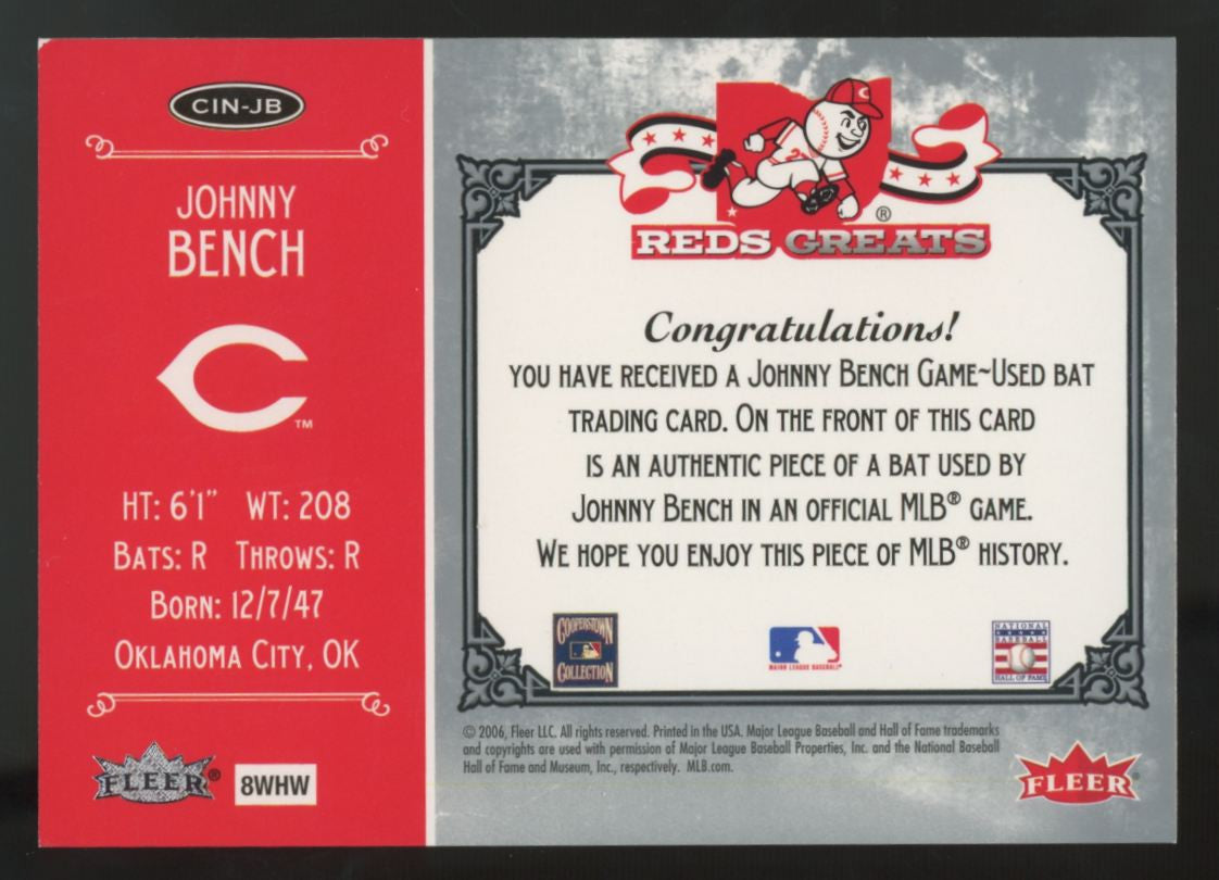 2006 Fleer Greats Of The Game Johnny Bench Reds Greats Patch #CIN-JB
