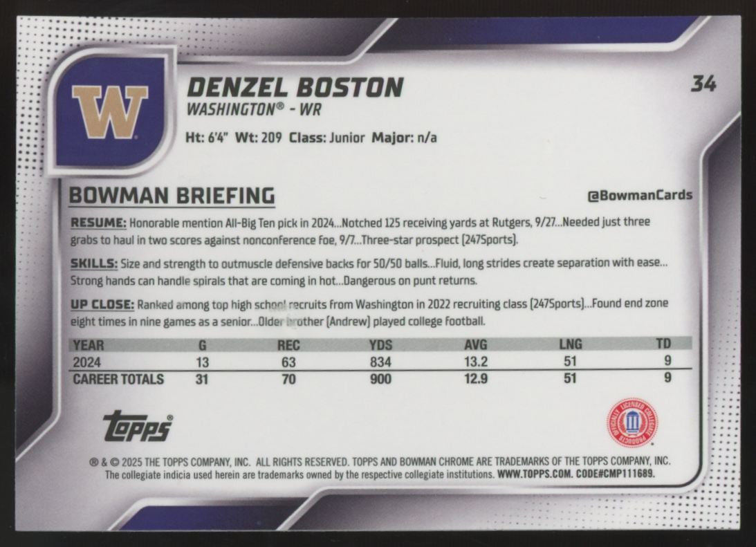 2025 Bowman Chrome University Denzel Boston 1st Purple Refractor /75 #34