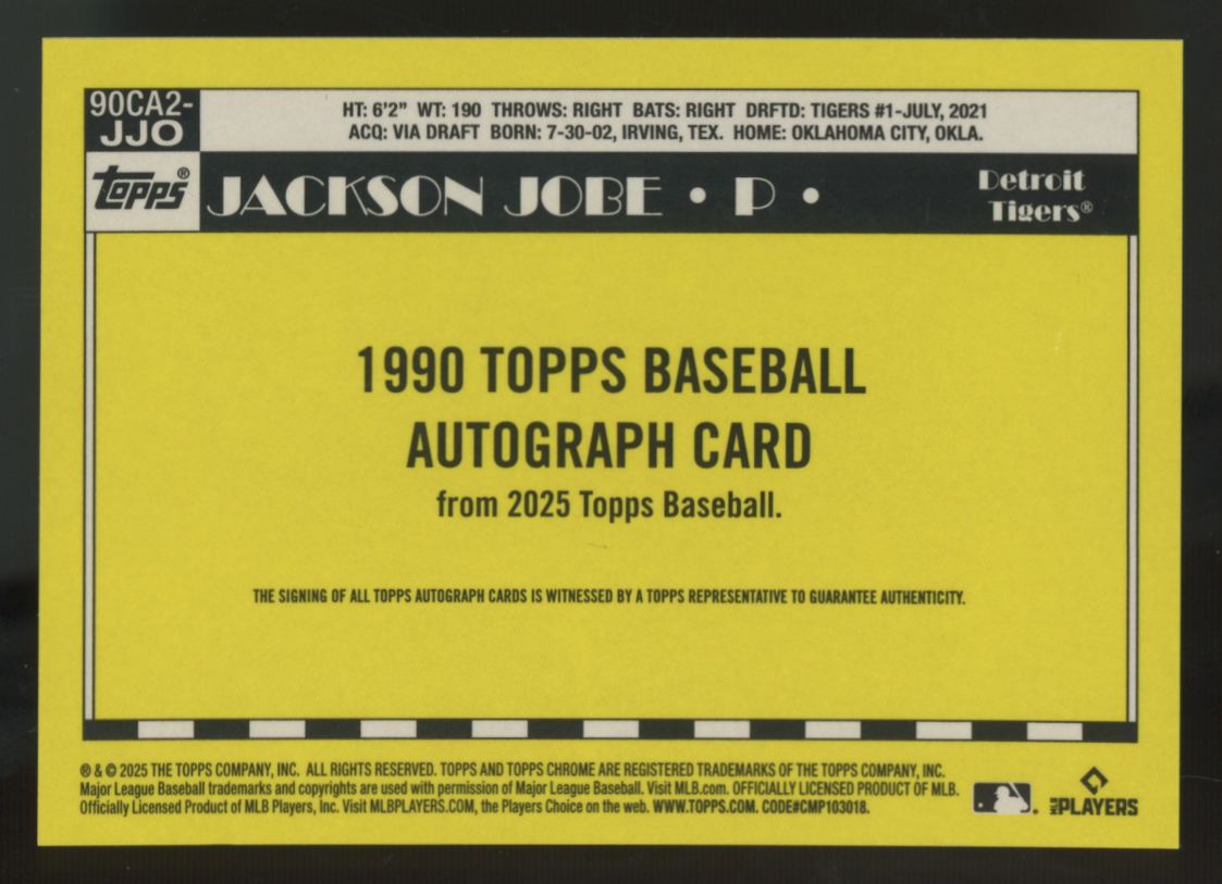 2025 Topps Series 2 Jackson Jobe RC 1990 Chrome Auto #90CA2-JJO