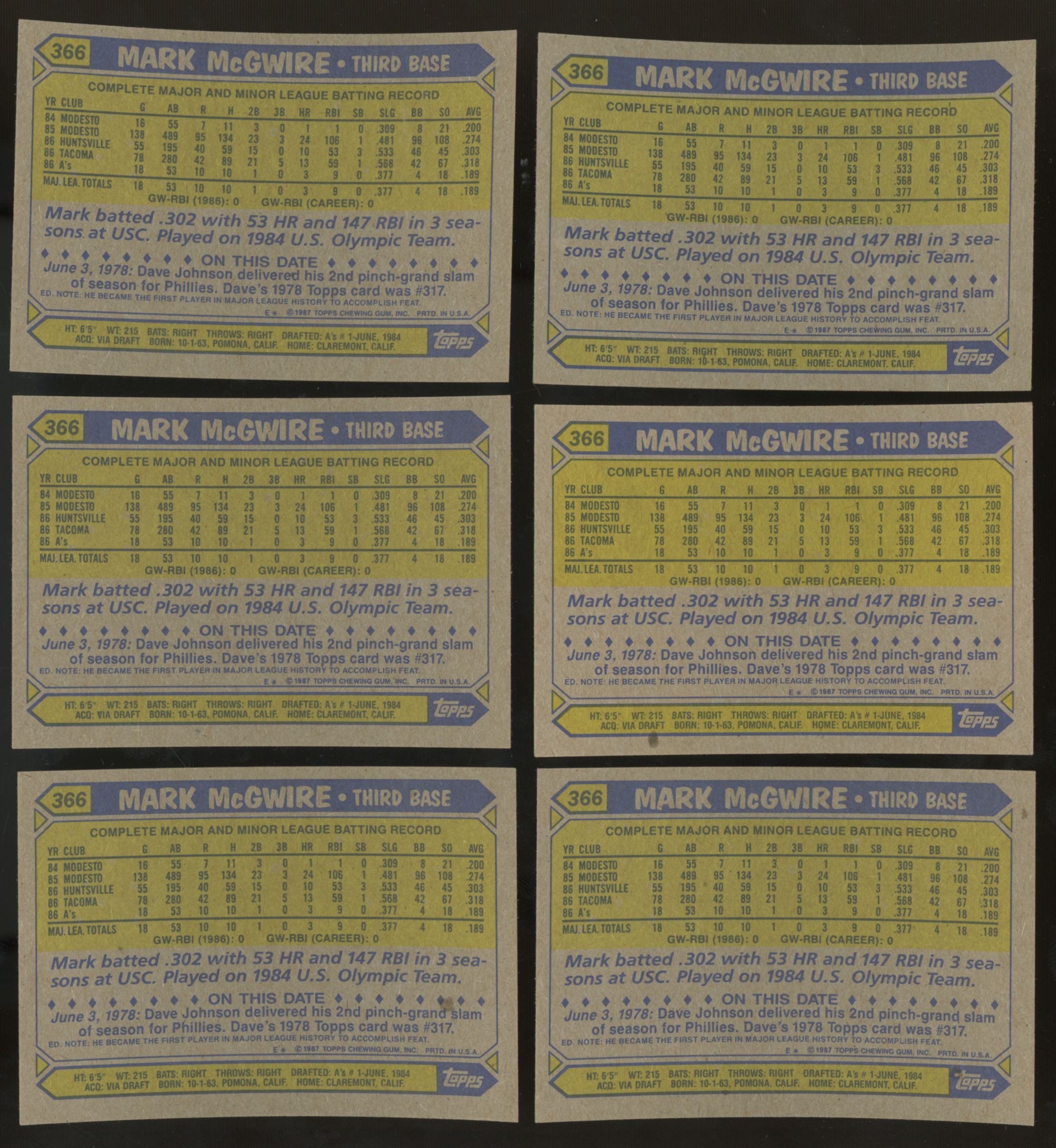 1987 Topps Mark McGwire RC #366 (Lot Of 29)