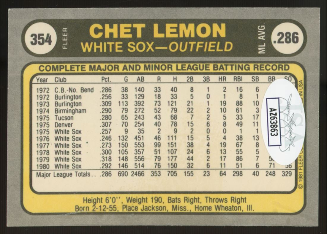 1981 Fleer Chet Lemon #354 Signed Auto JSA