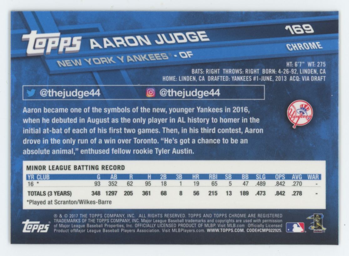 2017 Topps Chrome Aaron Judge RC #169