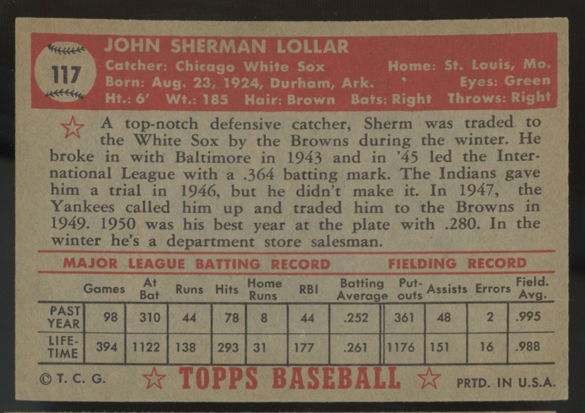 1952 Topps Sherman Lollar #117 VG/EX