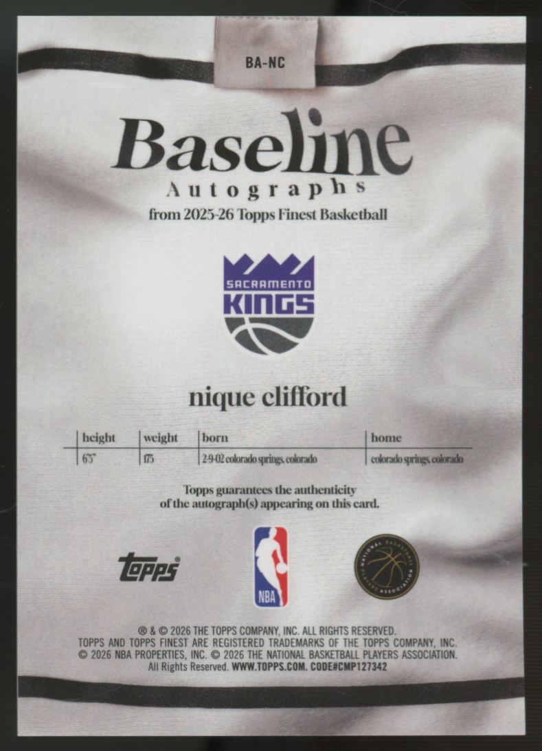 2025-26 Topps Finest Nique Clifford RC Baseline Gold Geometric Auto /50 #BA-NC