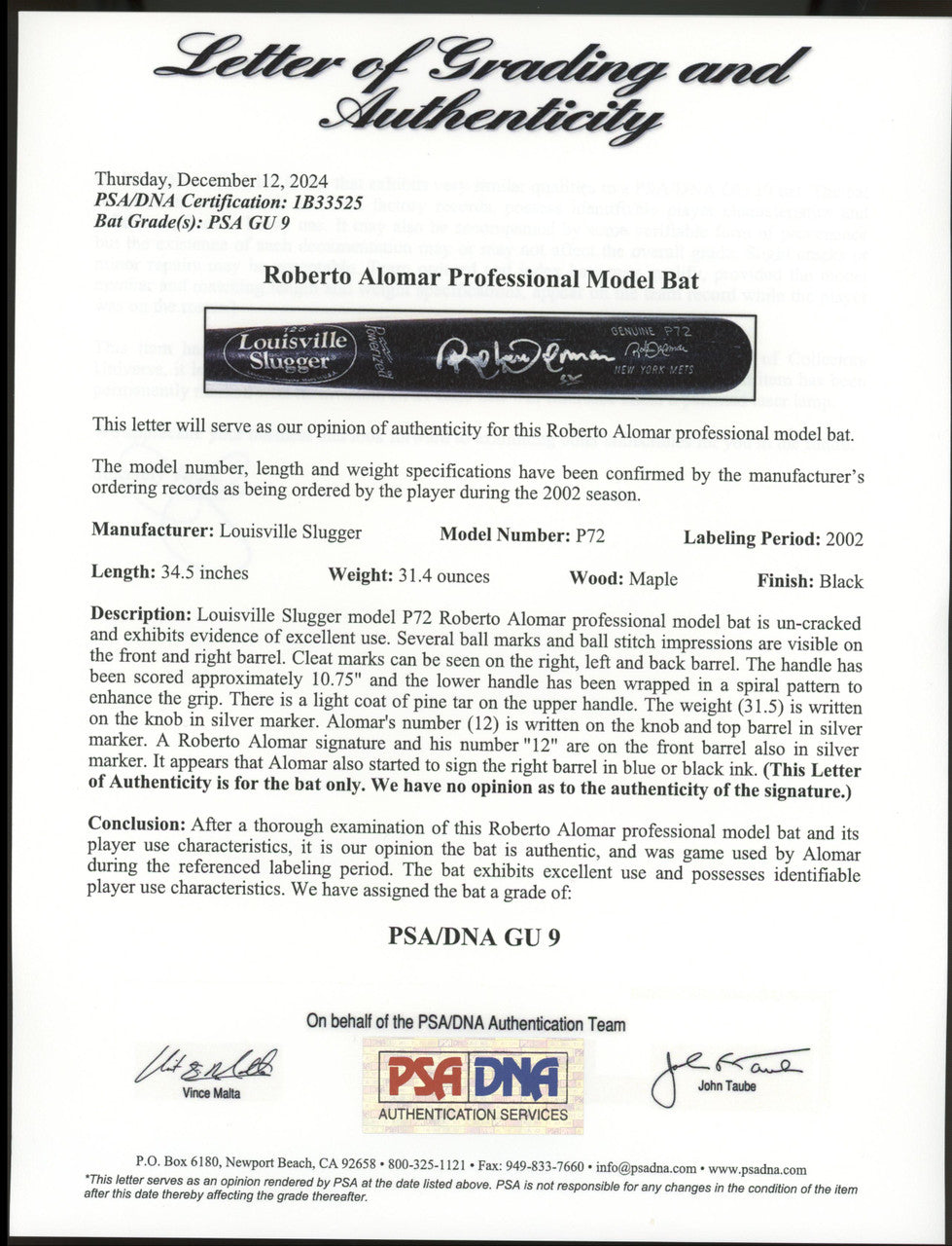 Roberto Alomar Signed Autographed Game Used Louisville Slugger Bat PSA GU 9