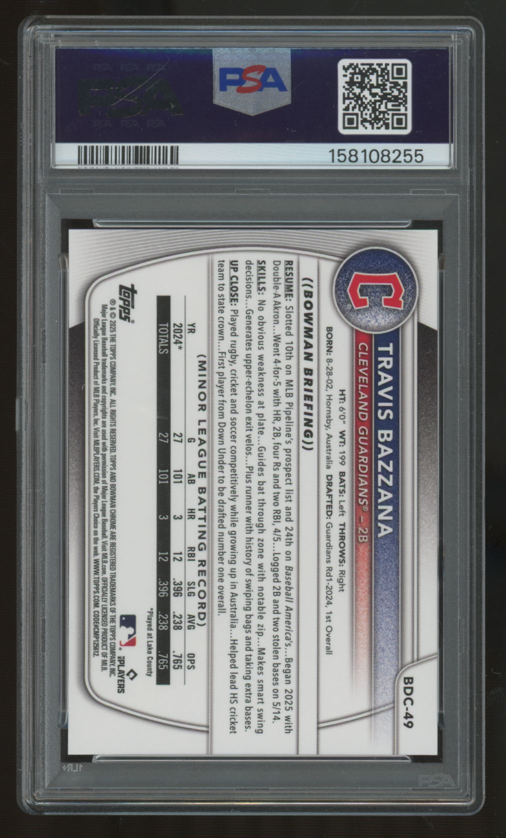 2025 Bowman Chrome Sapphire Travis Bazzana Black /10 #BDC-49 PSA 9