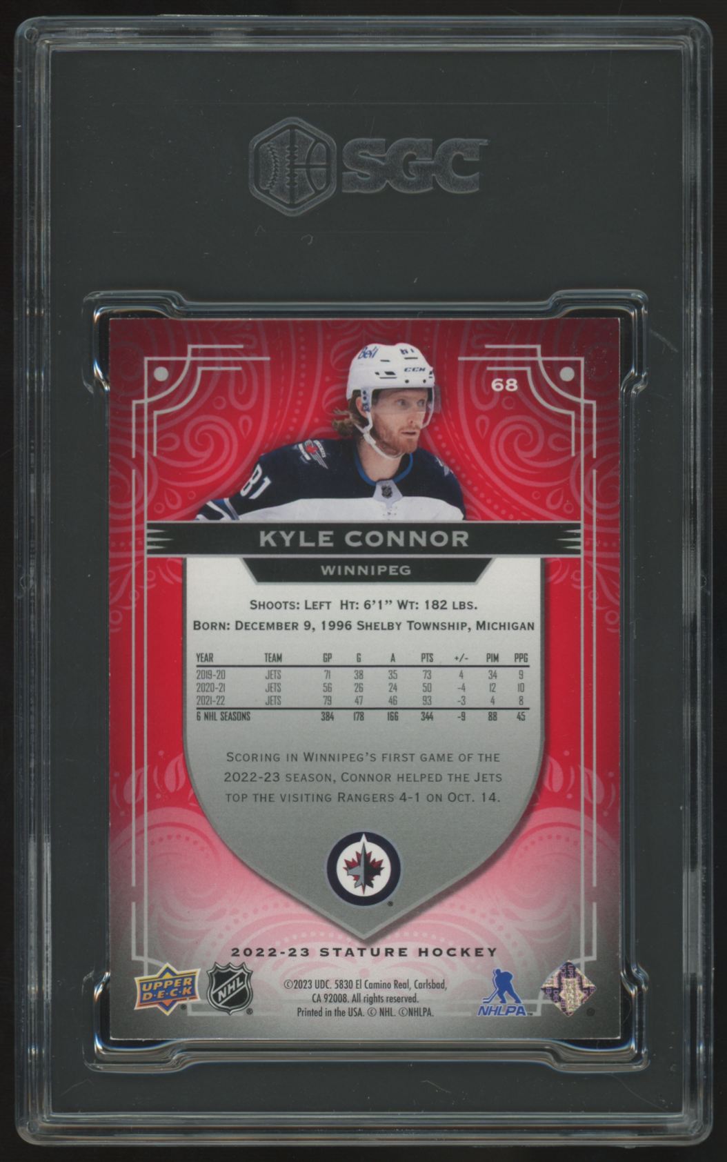 2022-23 Upper Deck Stature Kyle Connor Design Photo Variant Red /33 #68 SGC 8.5