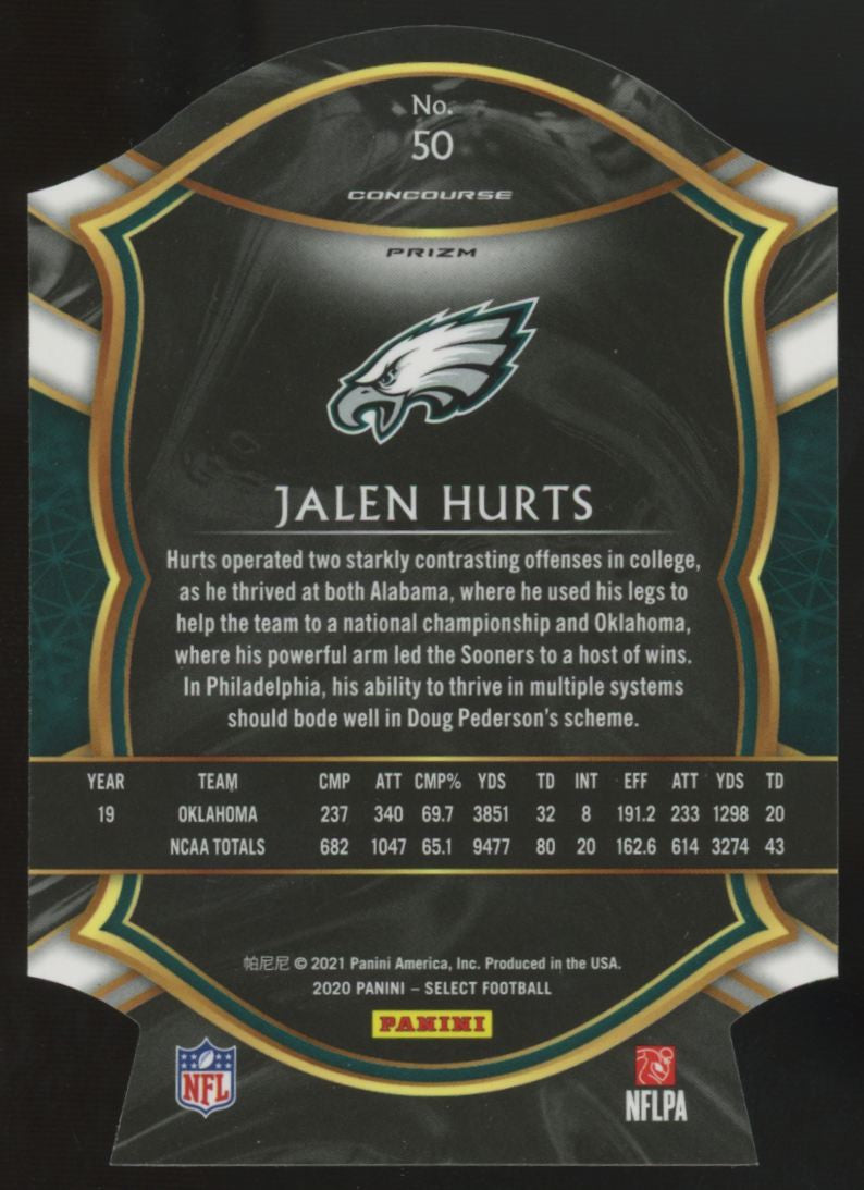 2020 Panini Select Football Jalen Hurts RC Concourse Tri-Color Die-Cut #50