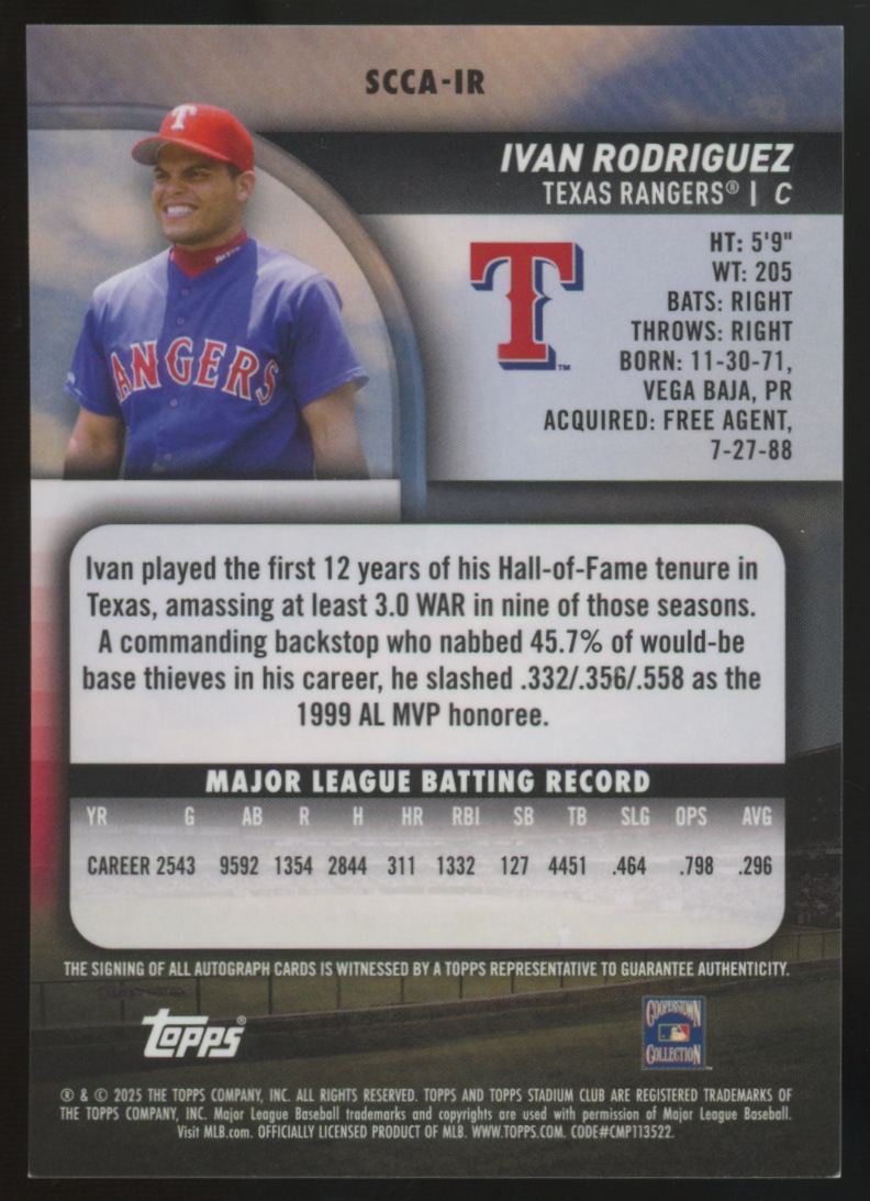 2025 Topps Stadium Club Ivan Rodriguez Chrome Gold Auto /50 #SCCA-IR