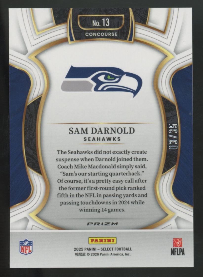 2025 Panini Select Sam Darnold Concourse White Prizm /35 #13