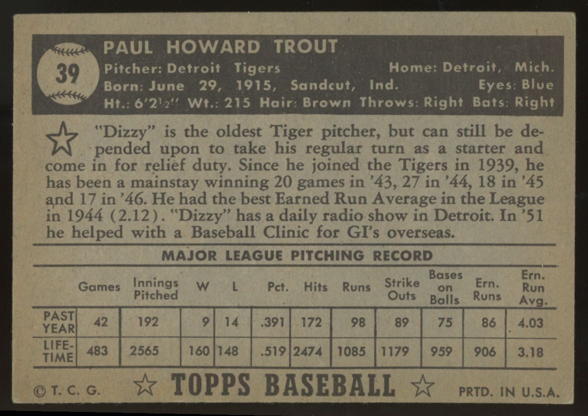 1952 Topps Dizzy Trout #39 EX