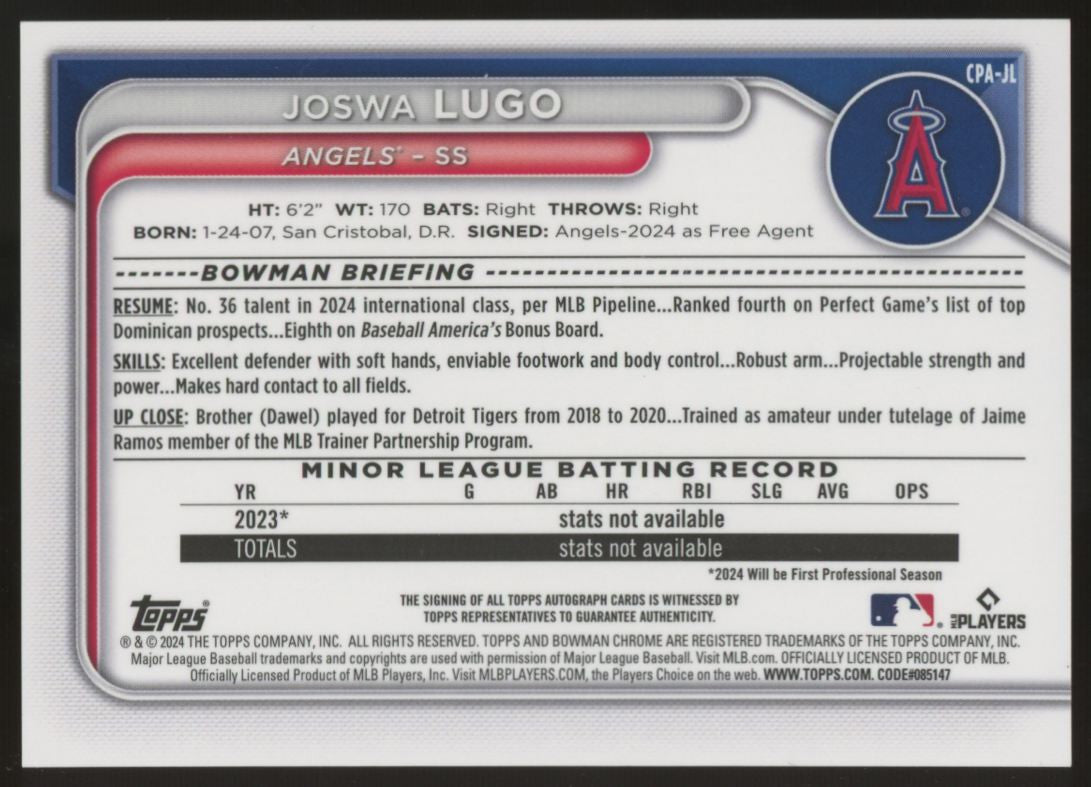 2024 Bowman Chrome Joswa Lugo Prospect Blue Reptilian Auto /150 #CPA-JL