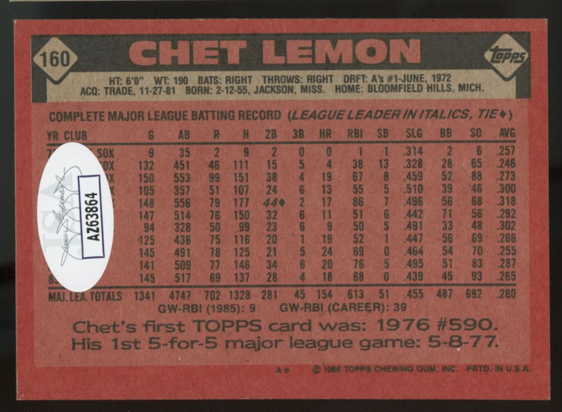 1986 Topps Chet Lemon #160 Signed Auto JSA