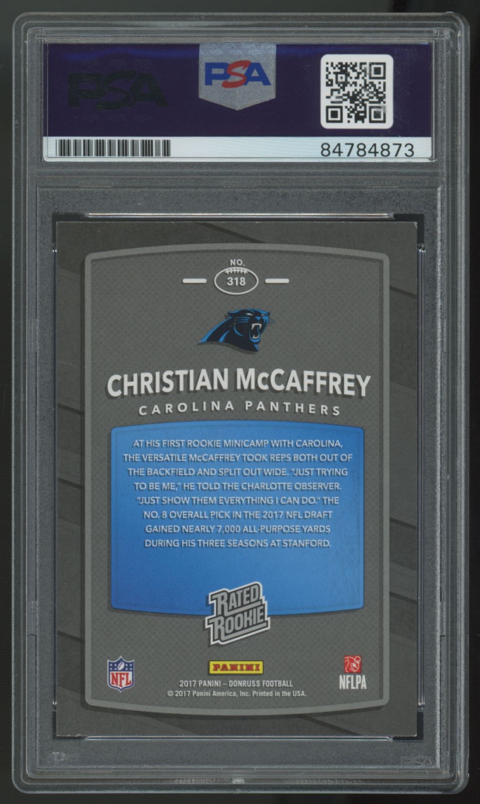 2017 Donruss Christian McCaffrey RC Rated Rookie Signed Auto #318 PSA Authentic