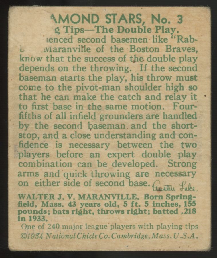 1934 National Chicle "Rabbit" Maranville Diamond Stars #3 Poor (Pin Hole)