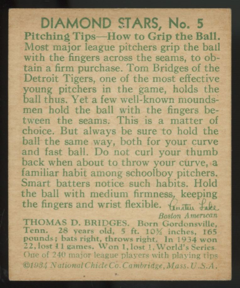 1934 National Chicle Tom Bridges Diamond Stars #5 Poor (Pinholes)