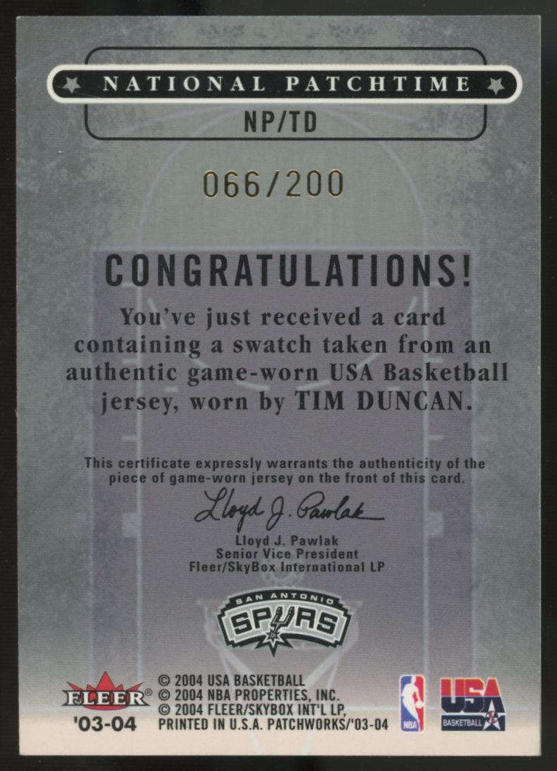 2004-05 Fleer Patchworks Tim Duncan National Patchtime Patch /200 #NP/TD