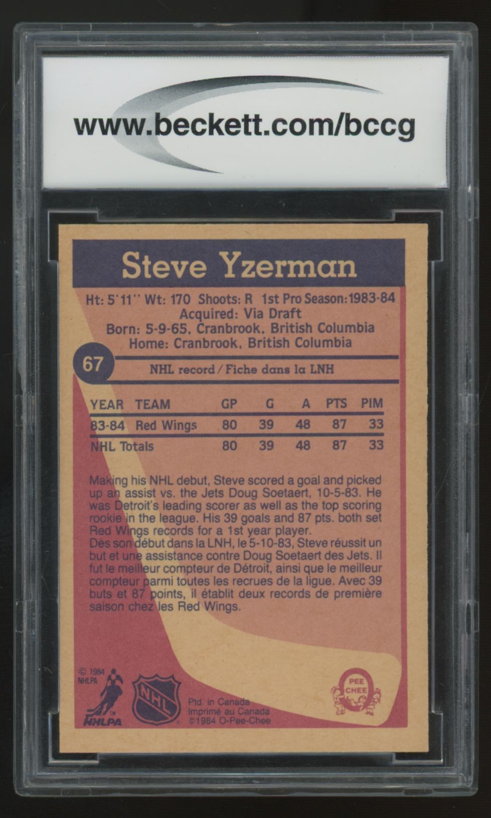 1984-85 O-Pee-Chee Steve Yzerman RC #67 BCCG 9