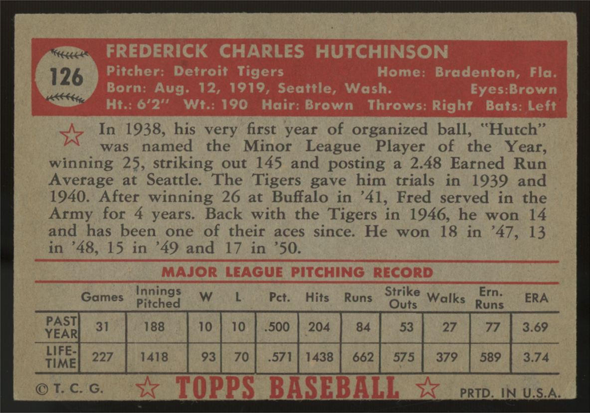 1952 Topps Fred Hutchinson #126 VG/EX